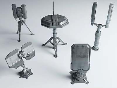 Multiple Types of Metallic Equipment with Stands Antennas and Dish Structures for Communication and Detection 3d model