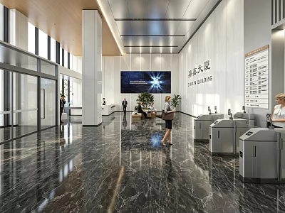 Bright Spacious Modern Office Building Lobby With Professional Front Desk Reception And Smart Access Gates 3d model