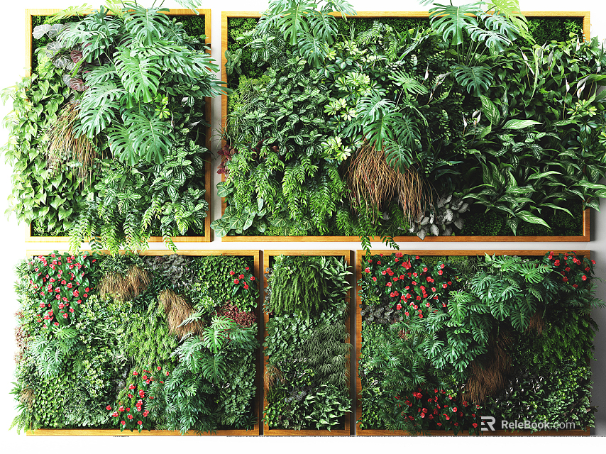 Decorative Indoor Green Plant Wall With Various Plants Ferns Red Flowers And Lush Foliage 3d model 