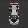 Stylish White Race Car with Black Stripes Red Rear Wing and Yellow Racing Design Details