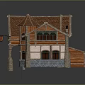 Traditional House 3D Model With Red Tiled Roof Wooden Structure And Stone Base