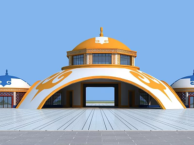 Traditional Mongolian Yurt Style Entrance Gate With Yellow White Dome And Arch Design 3d model