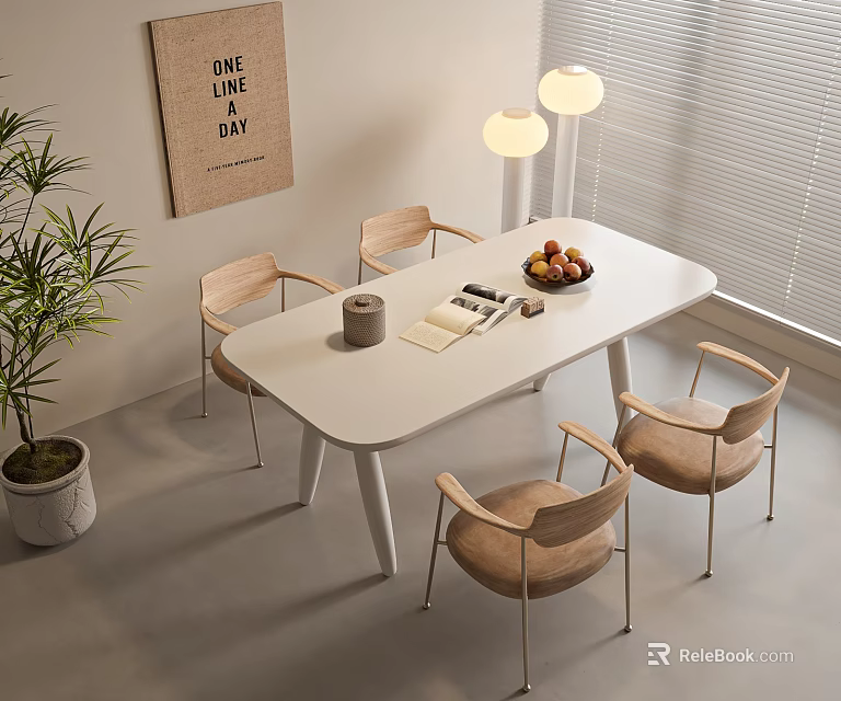 Modern Dining Table Set with chairs fruits green plant wall art and floor lamp 3d model 