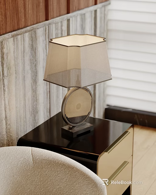 Modern Table Lamp With Beige Fabric Shade And Round Metal Base On Black Nightstand 3d model 