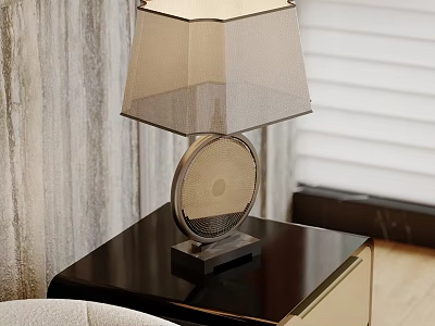 Modern Table Lamp With Beige Fabric Shade And Round Metal Base On Black Nightstand 3d model
