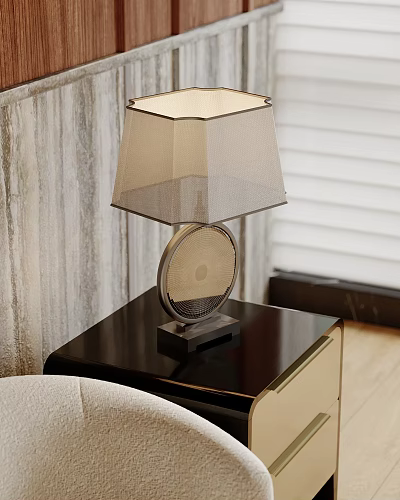 Modern Table Lamp With Beige Fabric Shade And Round Metal Base On Black Nightstand 3d model
