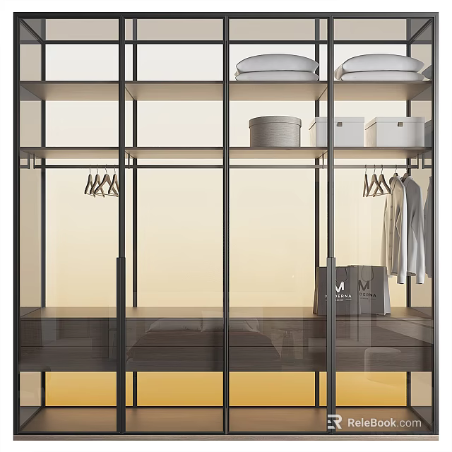 Modern Wardrobe Design With Glass Doors Hanging Rails Storage Boxes And Drawers 3d model 