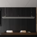 Modern Linear Pendant Light In Dining Room Interior With Dark Wood Wall And Chairs