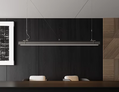 Modern Linear Pendant Light In Dining Room Interior With Dark Wood Wall And Chairs 3d model