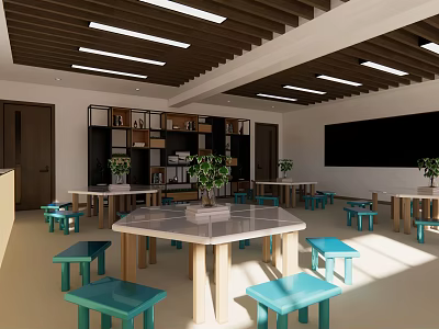 School Classroom Interior With Tables Blue Stools Shelves Blackboard And Plants 3d model