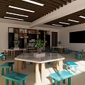 School Classroom Interior With Tables Blue Stools Shelves Blackboard And Plants