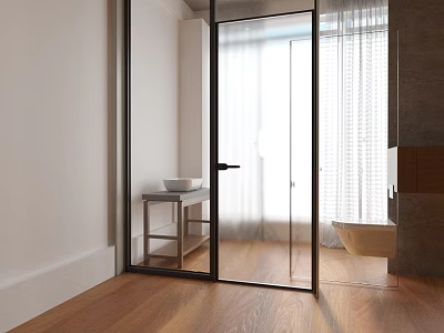 Modern Furniture Showroom Featuring Glass Door Wooden Floor White Wall And Side Table 3d model