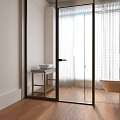 Modern Furniture Showroom Featuring Glass Door Wooden Floor White Wall And Side Table