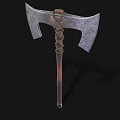 Double Edged Battle Axe Weapon With Decorative Carved Handle And Metal Blades