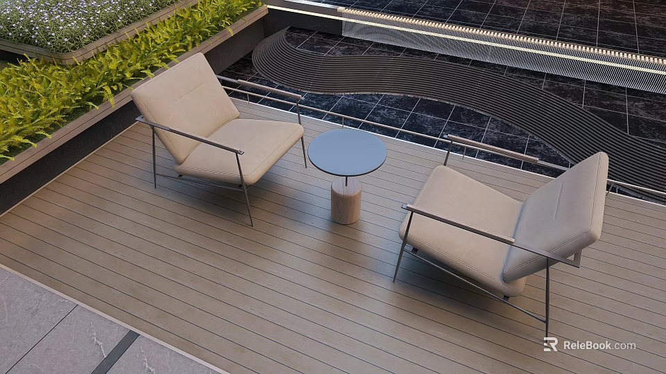 Beige Landscape Seats With Small Round Table On Wooden Deck Green Plants And Wavy Railing 3d model 