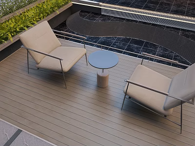Beige Landscape Seats With Small Round Table On Wooden Deck Green Plants And Wavy Railing 3d model