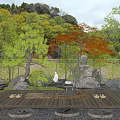 Tranquil Japanese Garden With Wooden Platform Stones Lantern And Colorful Trees