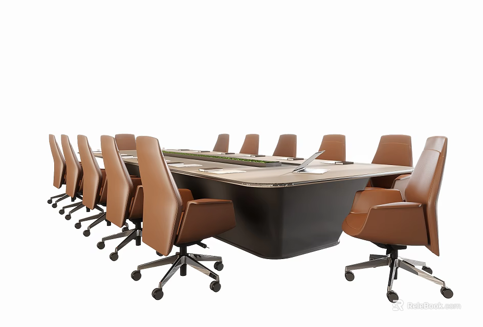 Modern Conference Table With Black Base And Brown Office Chairs On Wheels 3d model 