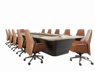Modern Conference Table With Black Base And Brown Office Chairs On Wheels 3d model
