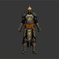 3D Rendered Samurai Armor in Black and Gold with Orange Sash and Ornate Details