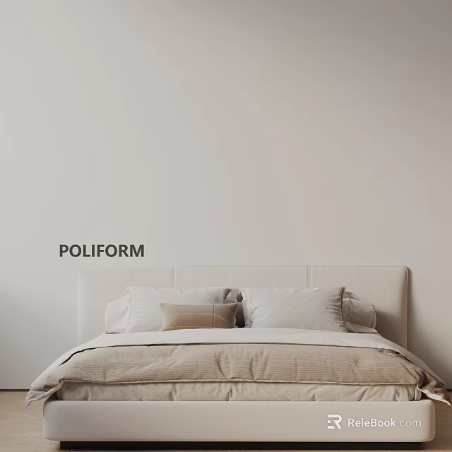 POLIFORM Modern Double Bed With Light Headboard Soft Pillows And Linen Bedspread 3d model