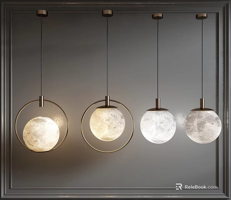 Modern Pendant Lights With Circular Metal Frames And Lunar Surface Texture Shades 3d model 