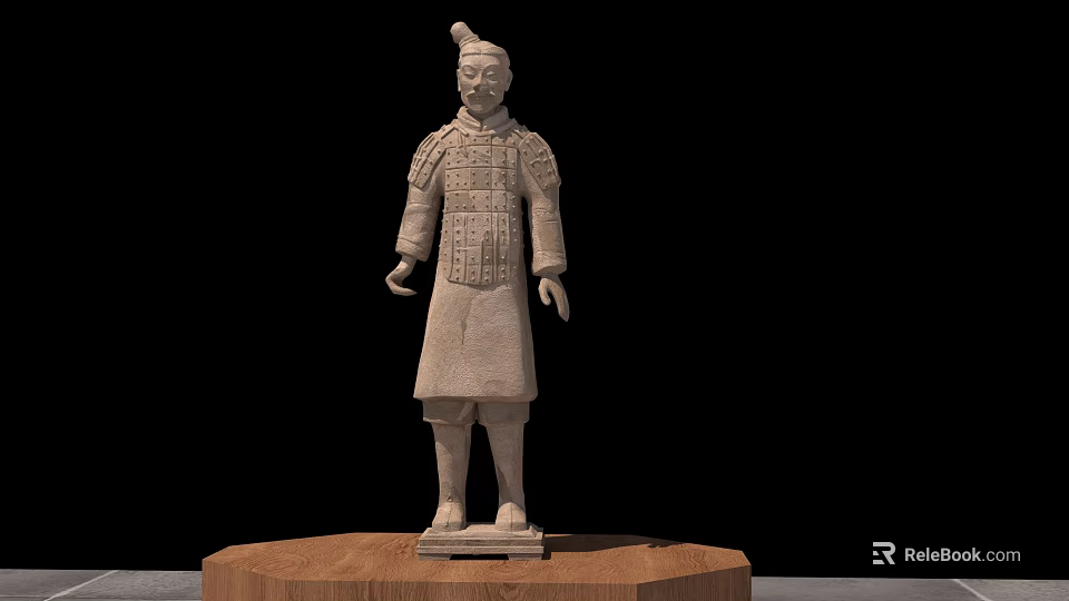 Terracotta Warrior Sculpture With Detailed Ancient Soldier Armor And Wooden Base 3d model 