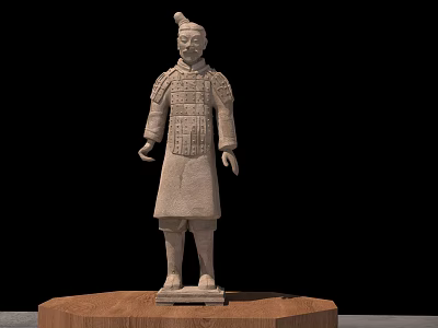 Terracotta Warrior Sculpture With Detailed Ancient Soldier Armor And Wooden Base 3d model