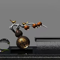 Decorative Garden Ornament With Golden Birds Orange Fruits On Branches Transparent Globe And Water Feature