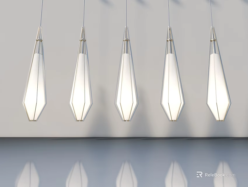 Hinged Door Design With Five Hanging White Pendant Lights And Reflective Floor Surface 3d model