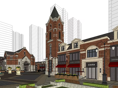Charming Red Brick Commercial Street with Clock Tower Modern High Rise Coffee Shop Storefronts 3d model