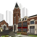 Charming Red Brick Commercial Street with Clock Tower Modern High Rise Coffee Shop Storefronts