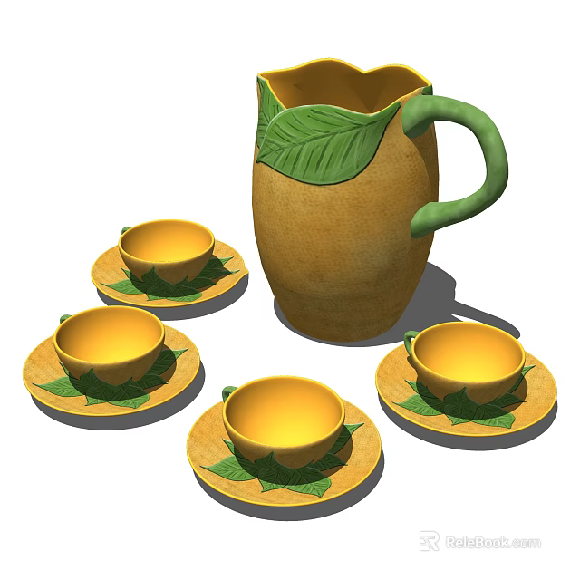 Decorative Yellow Tea Set with Green Leaf Design Jug Cups and Saucers 3d model 