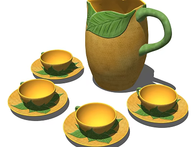 Decorative Yellow Tea Set with Green Leaf Design Jug Cups and Saucers 3d model