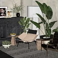 Comfortable Leisure Chairs In Cozy Living Room With Fireplace Large Green Plants And Patterned Rug