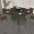 Round Dining Table Set with Wooden Top Green Center and Six Gray Cushioned Wooden Chairs