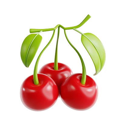 Fresh Red Cherries With Green Stems And Leaves Looking Plump And Juicy 3d model