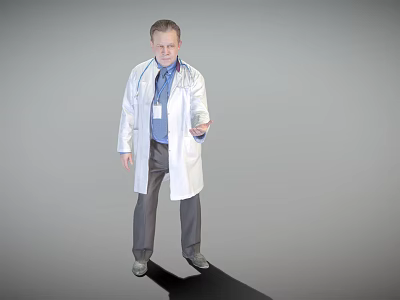 Man in White Doctor Coat with Stethoscope and ID Badge Standing on Grey Background Gesturing 3d model
