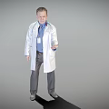 Man in White Doctor Coat with Stethoscope and ID Badge Standing on Grey Background Gesturing