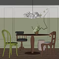 Round Dining Table Set With Varied Style Chairs Vase And Cloud Pendant Light 3d model