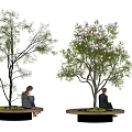 Circular Tree Pit With Green Leafy Trees And Seating For Relaxing People 3d model
