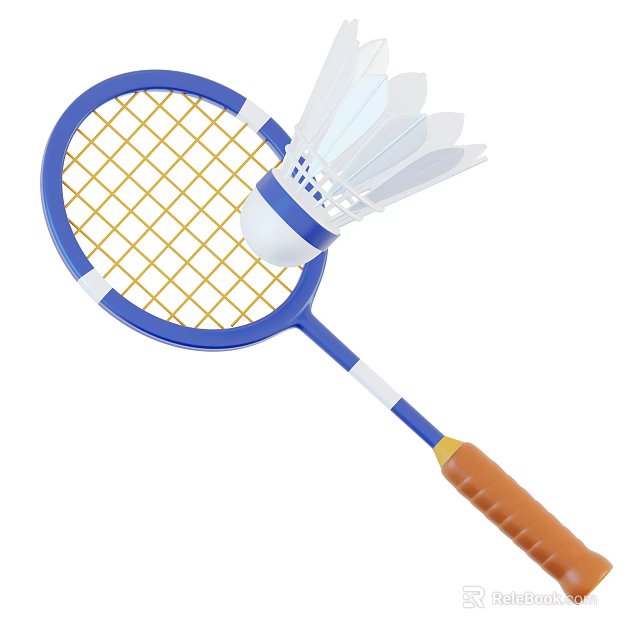 Badminton Sports Equipment With Blue Racket Frame Yellow Strings And White Shuttlecock 3d model 