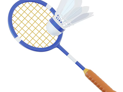 Badminton Sports Equipment With Blue Racket Frame Yellow Strings And White Shuttlecock 3d model