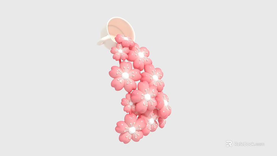 Whimsical Art Installation With White Cup Pouring Pink Cherry Blossoms 3d model 