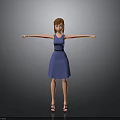 3D Female Character In Blue Dress With Red Hair And Outstretched Arms On Gray Background