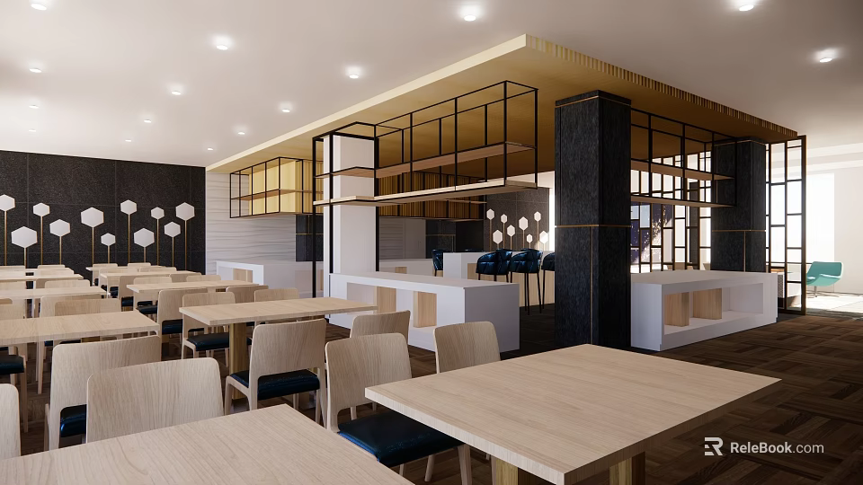 Modern Restaurant Interior With Wooden Tables Chairs Open Layout And Soft Lighting 3d model