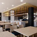 Modern Restaurant Interior With Wooden Tables Chairs Open Layout And Soft Lighting