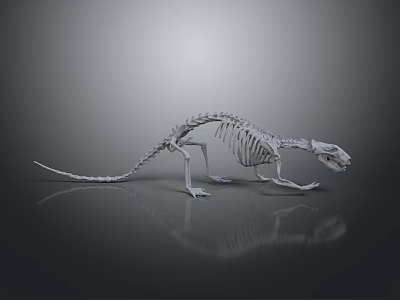 Detailed Small Animal Skeleton With Long Tail On Gray Reflective Surface 3d model