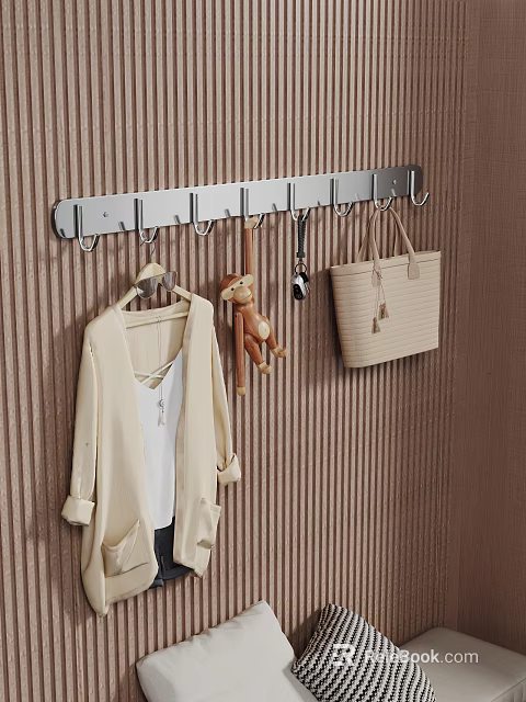 Wall Mounted Hook With Hanging Coat Stuffed Toy Spoon And Handbag On Brown Striped Wall 3d model 