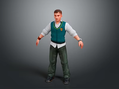 3D Character Model In Standing Pose Wearing Green Sweater Vest White Shirt And Green Pants 3d model